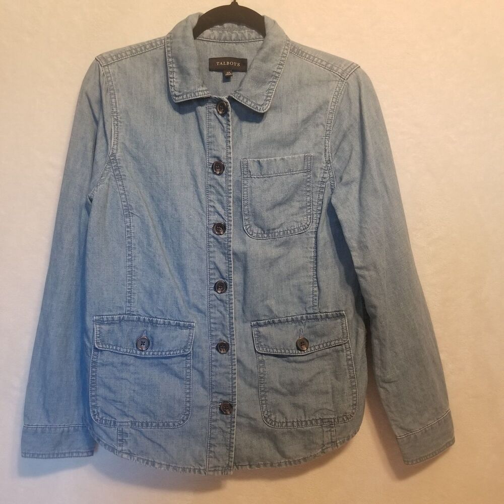 Talbots XS  Top Shacket Cotton Hemp Blend Blue Denim Button Front Utility Chore